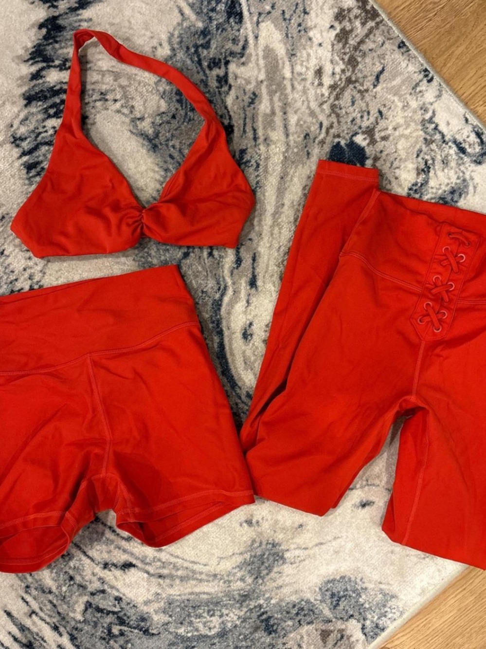Weworewhat matching halter sports bra, shorts and leggings set bright red, XS